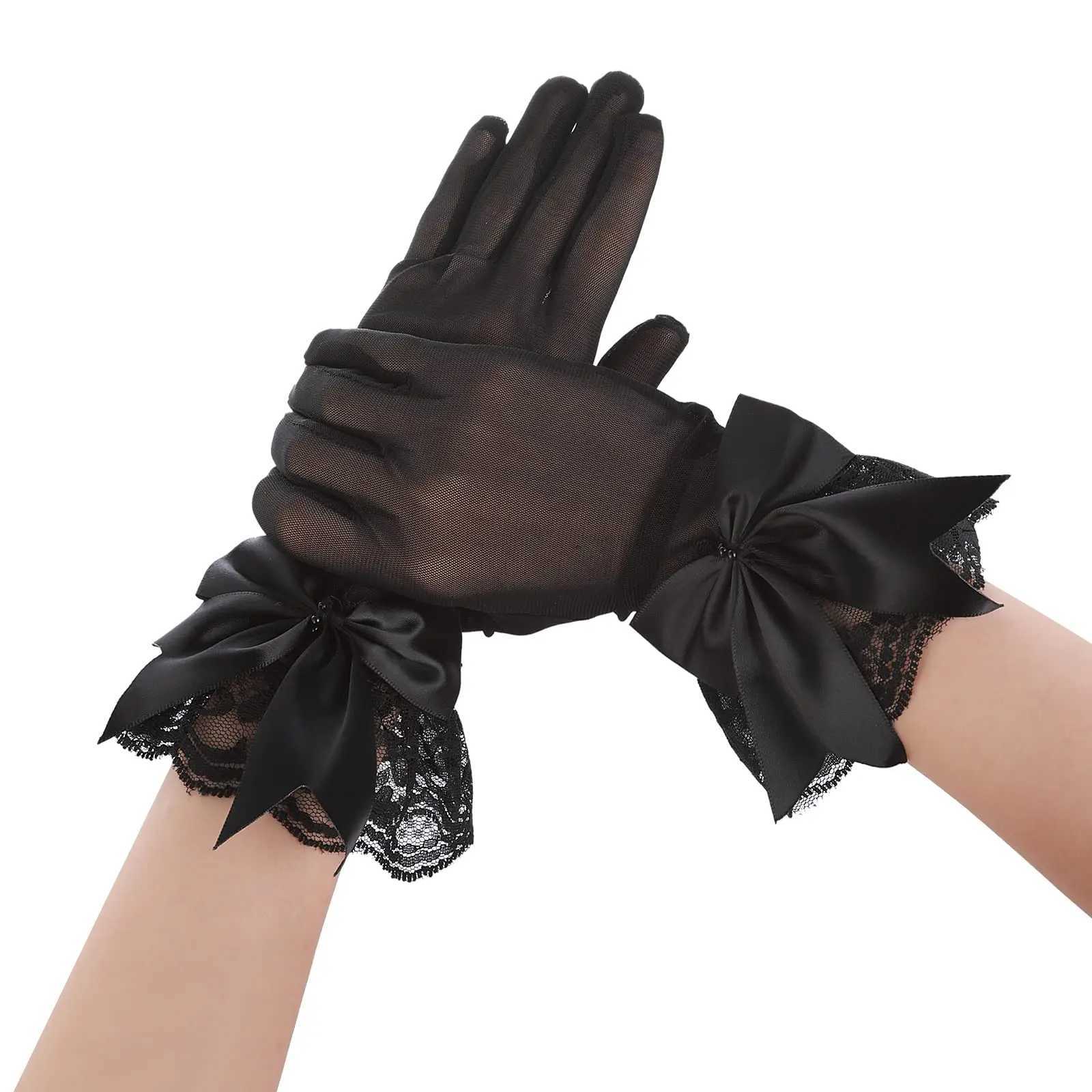 Women Black Full Fingers Gloves Tea Party Gloves with Lace Trim Bow knot for Valentines Day Wedding Party Cosplay Accessories L251110