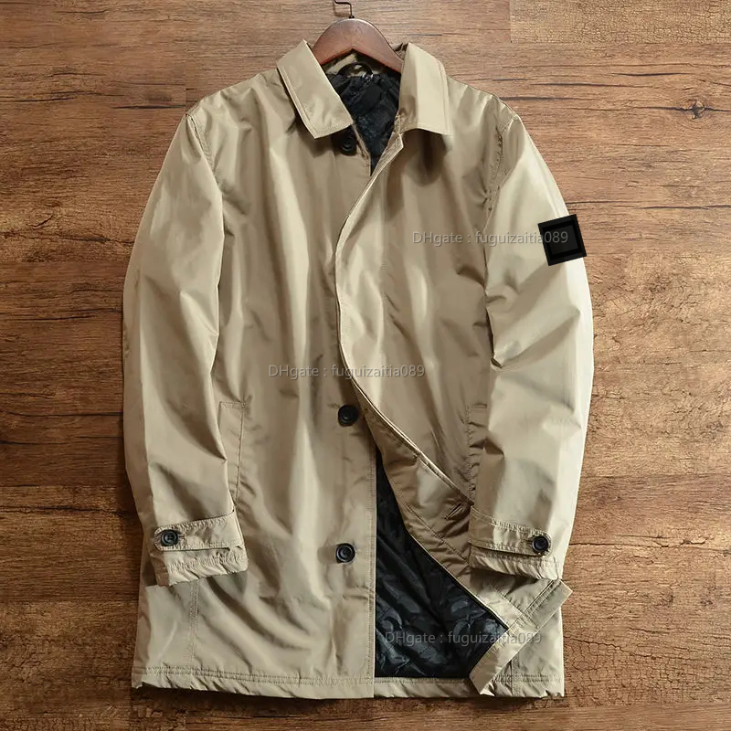 Men's Elegant Stones Windbreaker Korean Style Simple Cotton Islands Jacket for Warmth in Winter Medium Length Lapel Trench Coat Button Up Top