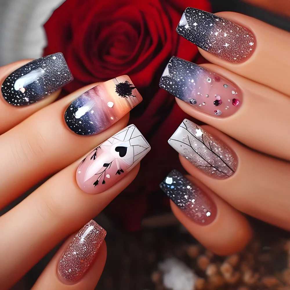 24 Cute Bee Fake Nails with Jelly Glue Medium length Ballet Fake Nail Art Tips Flower Design Wearable Nail Set Pressing W250410