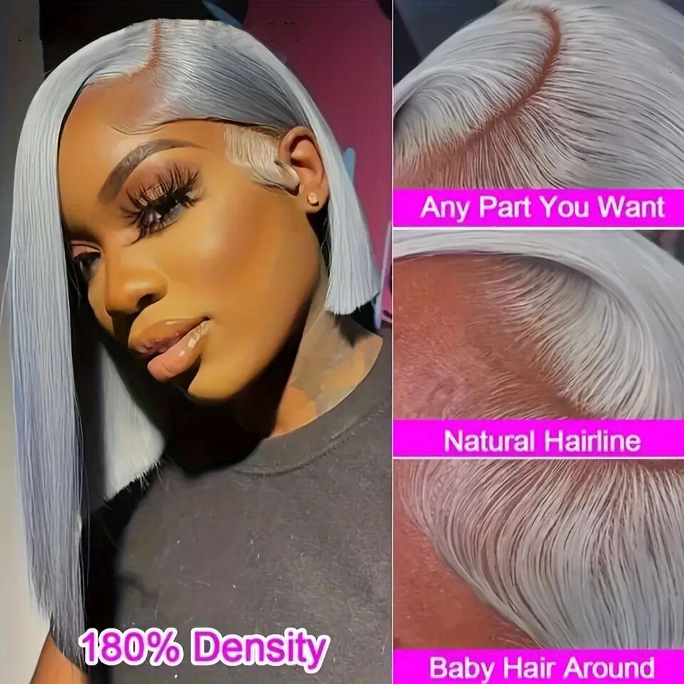 High 180% Density Siery Grey Short Bob 13X4 Lace Frontal Wig Human Hair For Summer 10-14 Inch Pre-Cut Glueless Wigs
