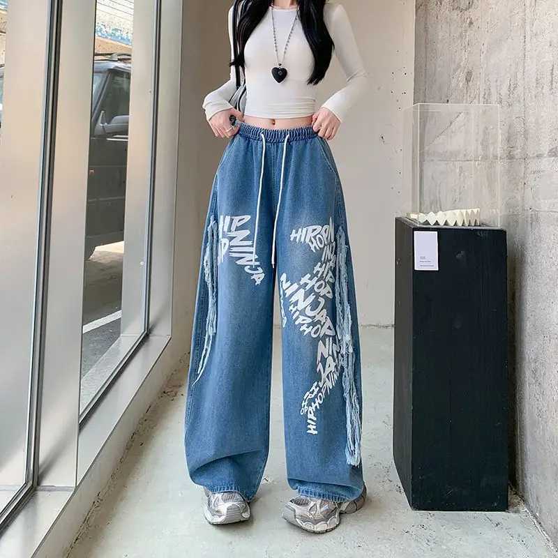 Autumn American Vintage Y2K Street Style Jeans Womens Elastic Waist Drawstring Wide-leg Long Pants Casual Graffiti 2000s Jeans C251110
