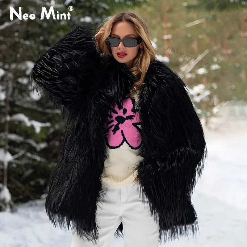 Neo Mint Winter Furry Faux Fur Coat Long Women y Tassels Fluffy Jacket Female Streetwear Super Warm Overcoat 251110