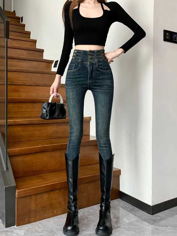 Black women's high-waisted thick fleece warm wool women's jeanWomen's clothing jeans C251110