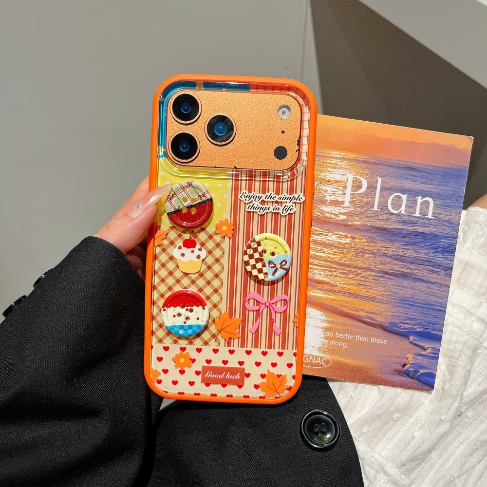 Button Stripe Phone Case Compatible with iPhone 17/16 Pro Max Autumn and Winter Cartoon Protective Cover iPhone 15/14 Shockproof