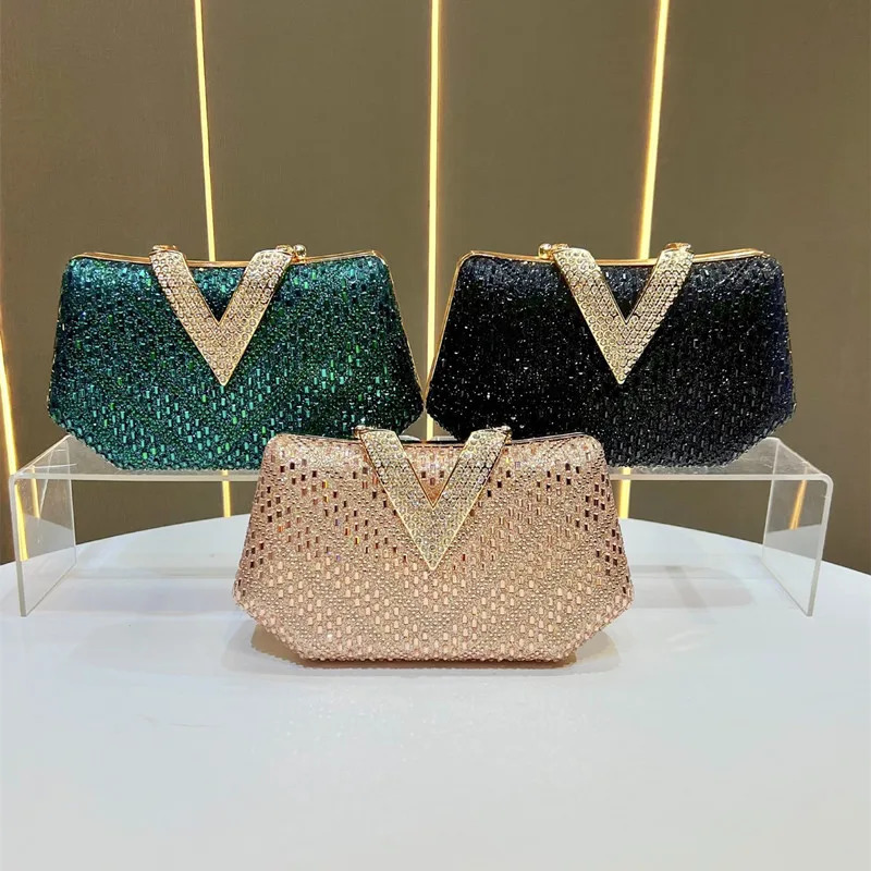 2025 Women Full Diamonds V-shaped Lock Inlaid Evening Clutch Bag Rhinestone Handbag Wedding Party Crossbody Bag R251110