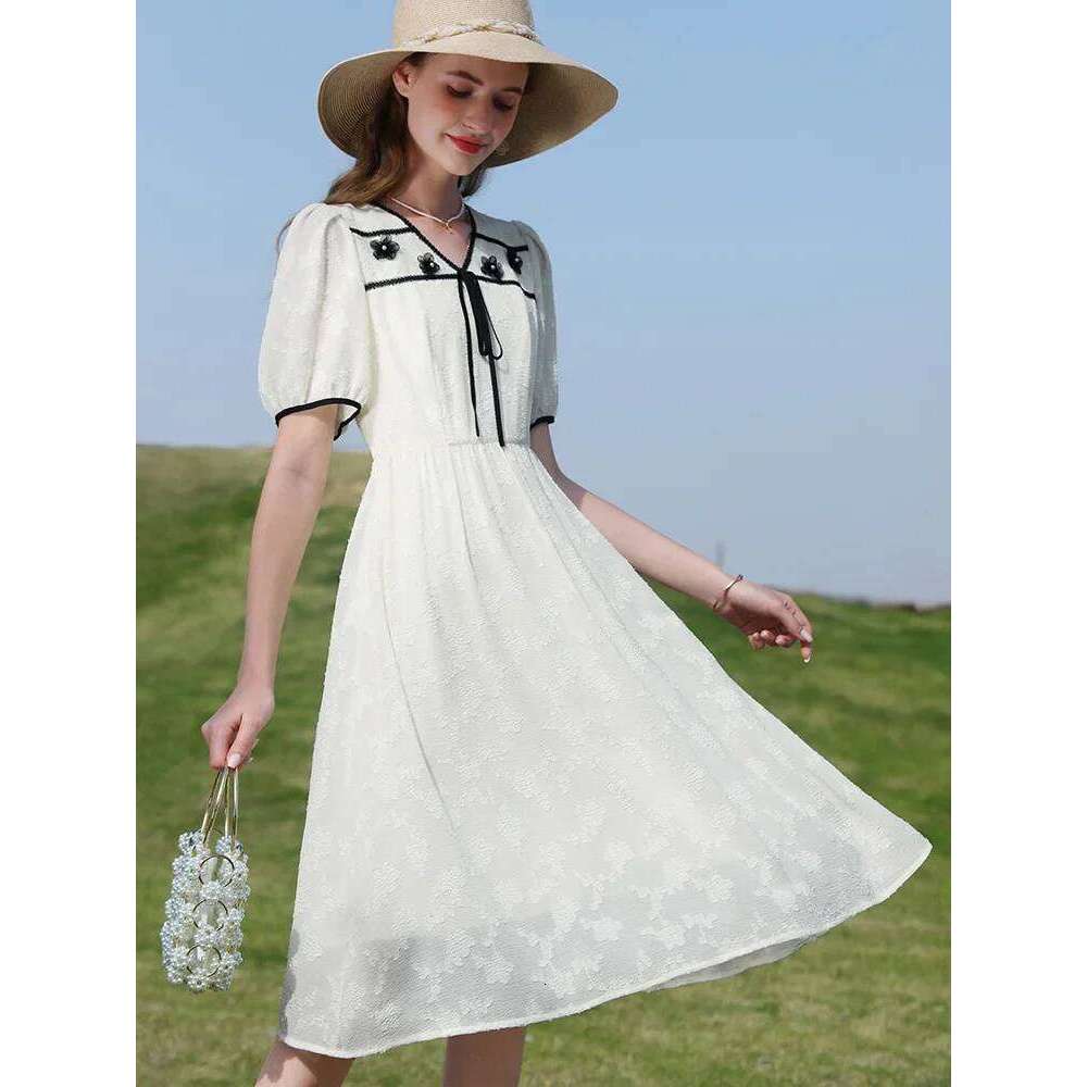 I BELIEVE YOU Summer New Elegant Chiffon Women's Dress 2023 V Neck Puff Sleeves Patchwork A-Line High Waist Vestidos 2232095065