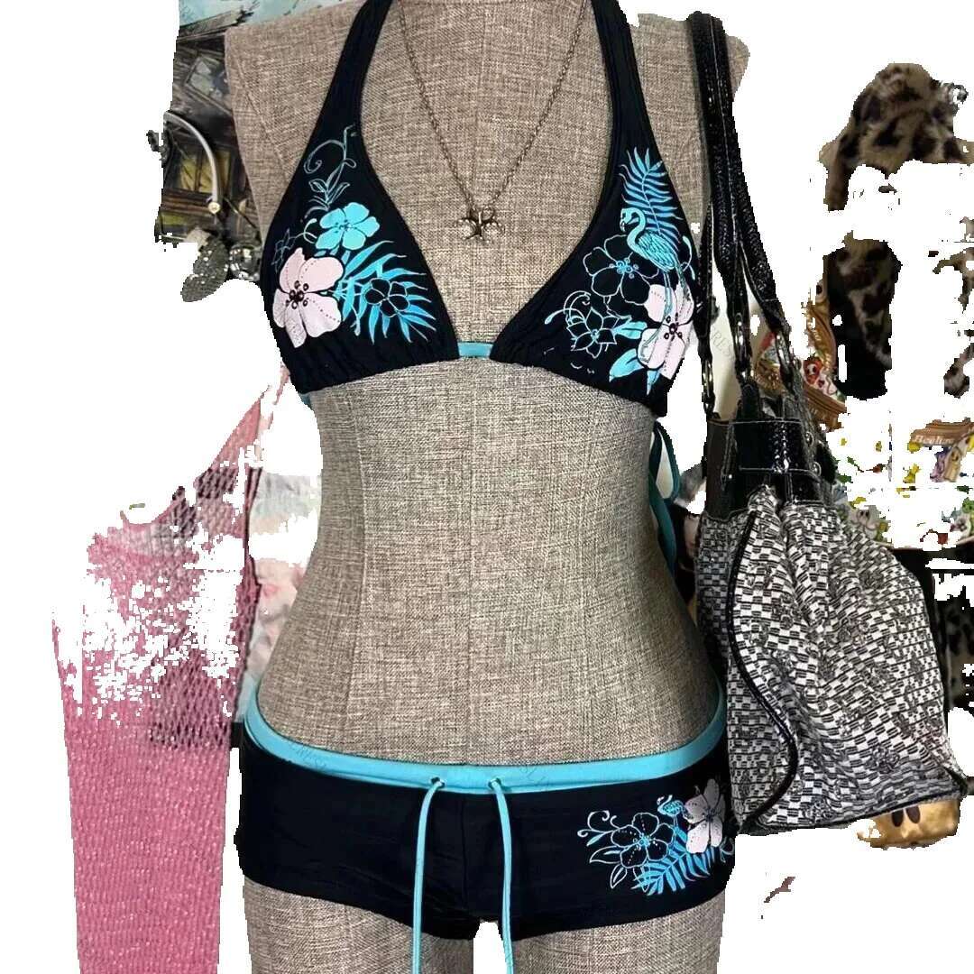 Retro floral print cute 2 sets of bikini 2000s sexy women's fashionable camisole shoulder strap swimsuit high street beach women
