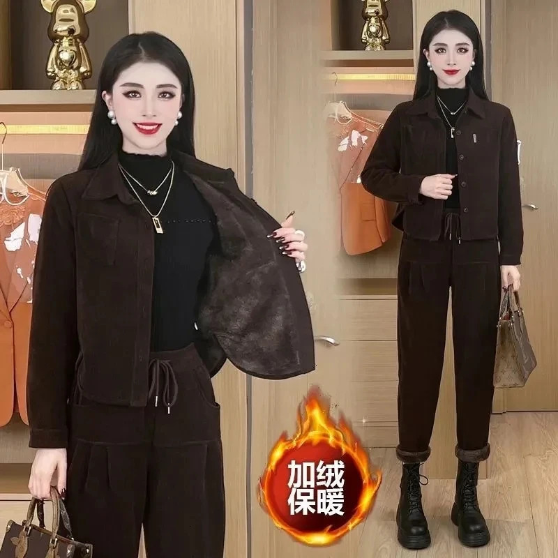 Autumn Winter Womens Corduroy Casual Suit Fashion Add Velvet Short Coat Jacket Elastic Waist Pants 2 Piece Sets Female Outfit 251110