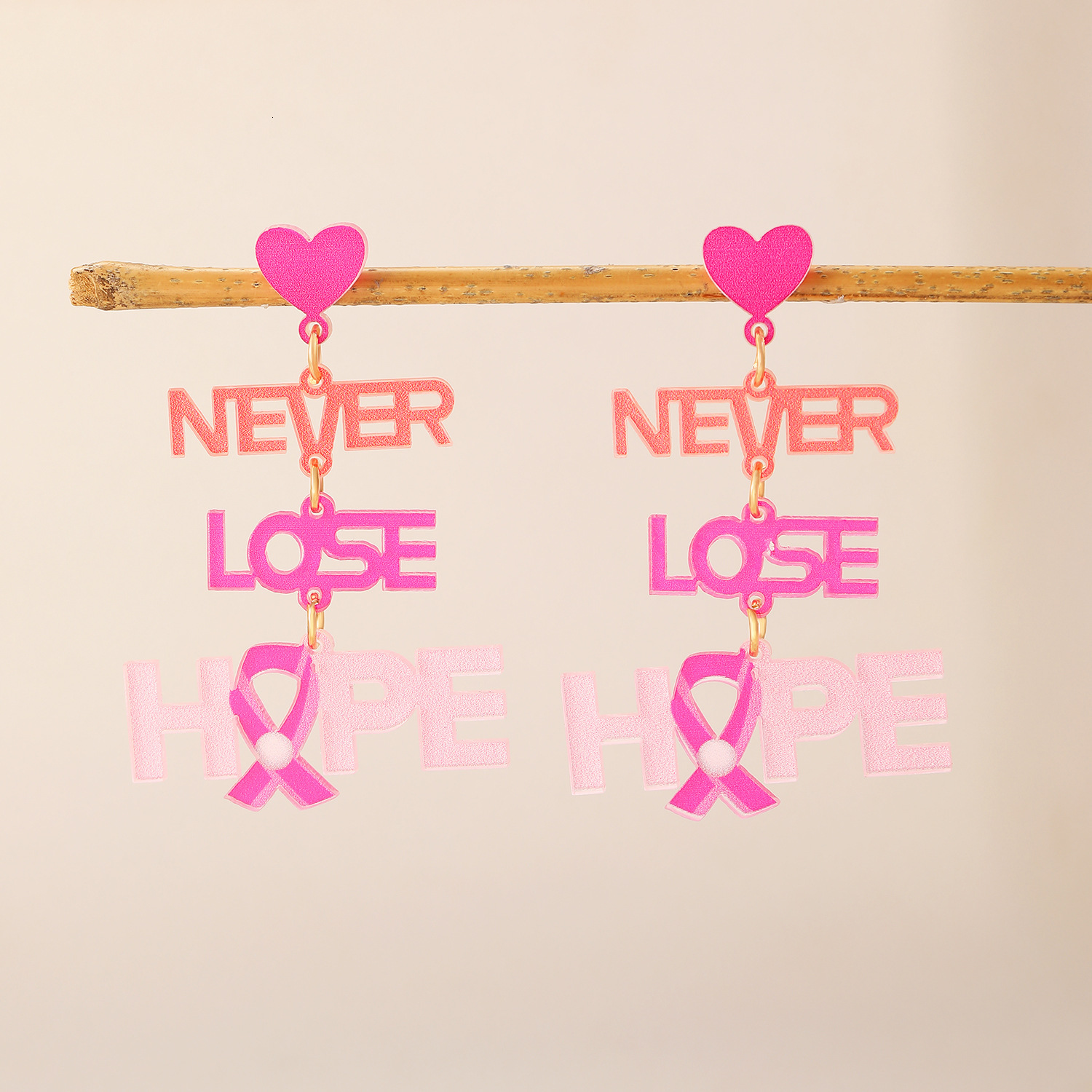 Acrylic English Letter Heart Pink Ribbon Long Breast Care Earrings for Women