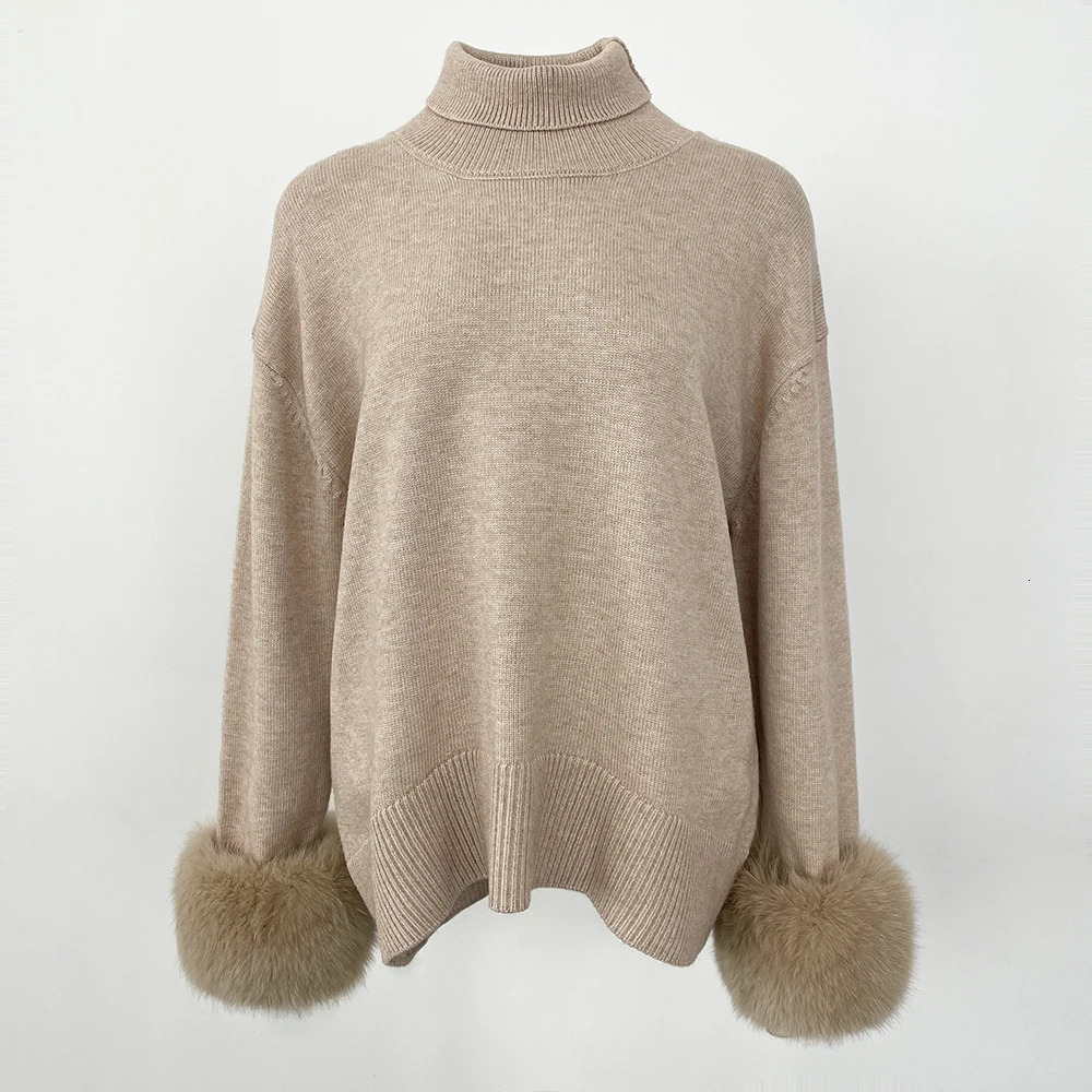 Autumn Winter Standup Collar Sweater Cuff Spliced Natural Fox Fur Sleeves Women Loose Knitted Genuine Real 251110