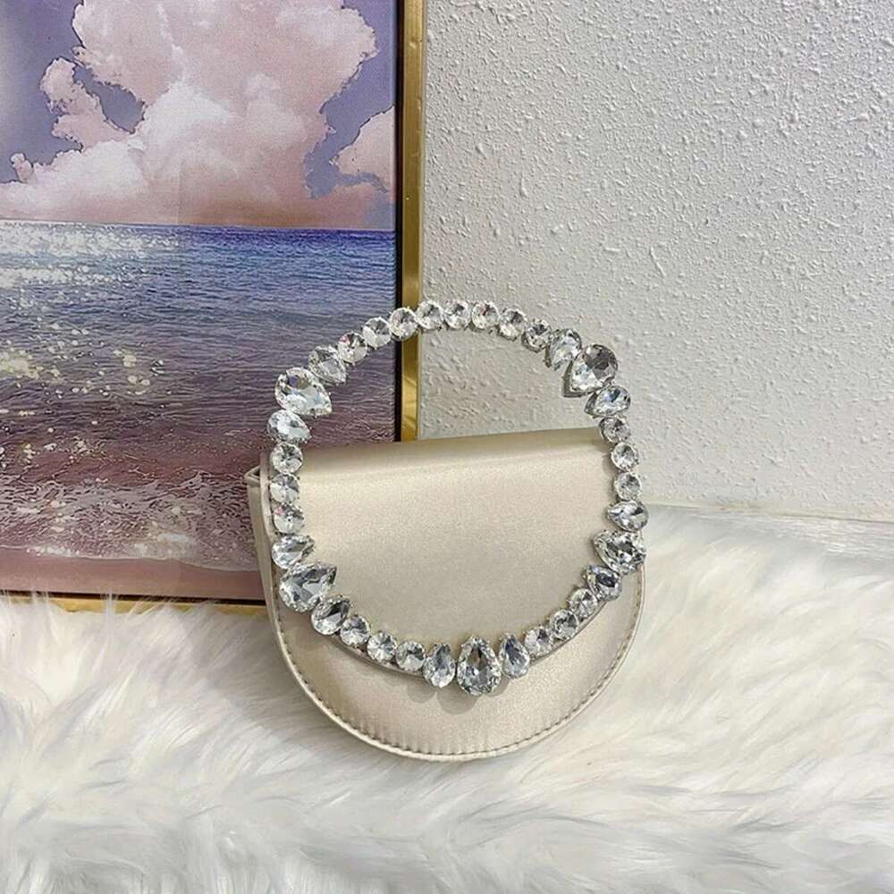 Women's Teardrop Saddle Satin Evening Purse, Crystal-Embellished Chain Strap Shoulder Bag Chic E Party Clutch