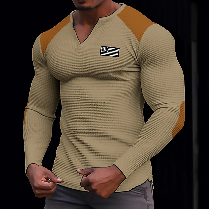Spring and Autumn Mens Waffle V-neck T-shirt Top Holiday Long Sleeve Casual Fashion