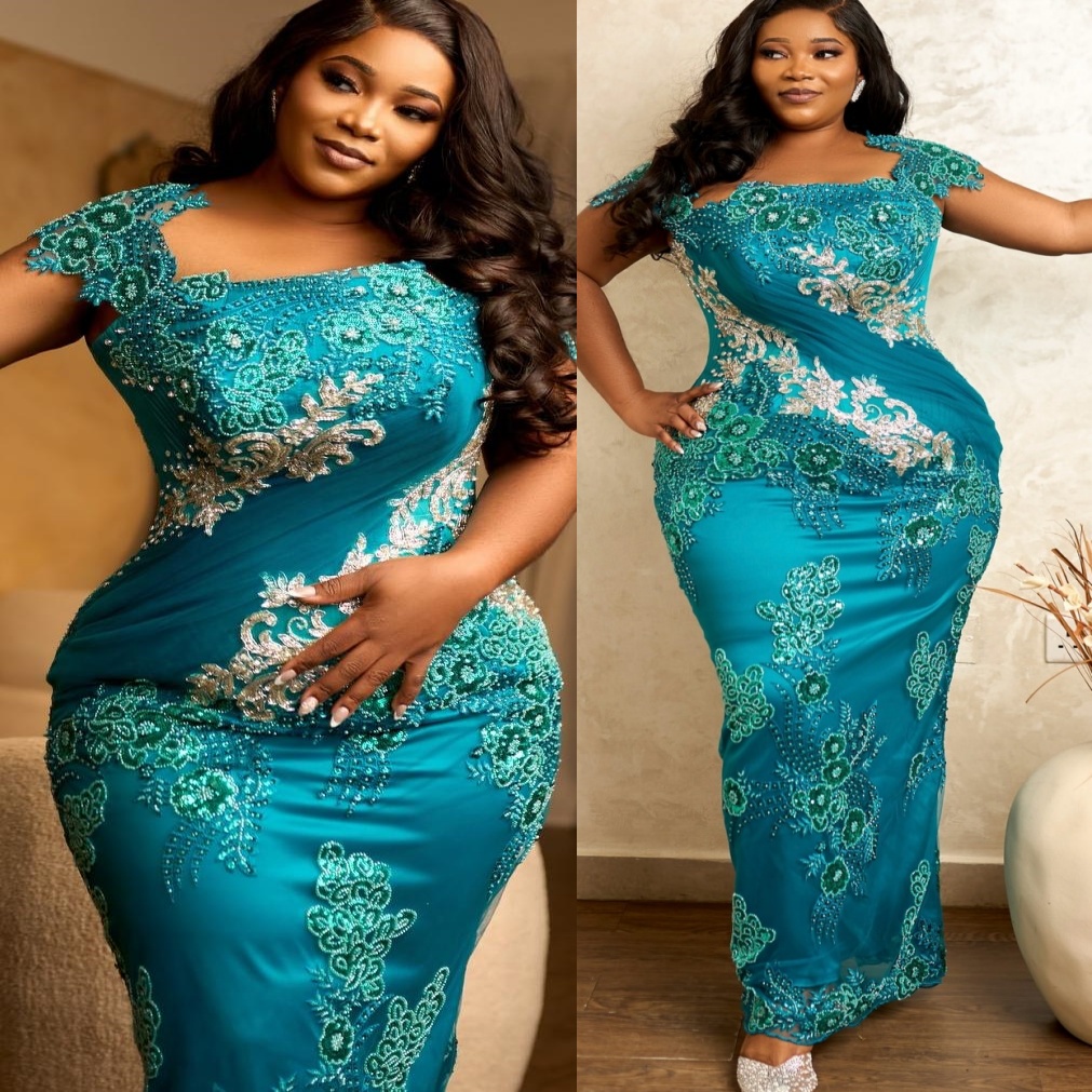 Aso Ebi Sheath Blue Prom Dresses 2026 Sheer Neck Lace Beaded Vintage Evening Formal Party Second Birthday Engagement Gowns Plus Size Dress For Special