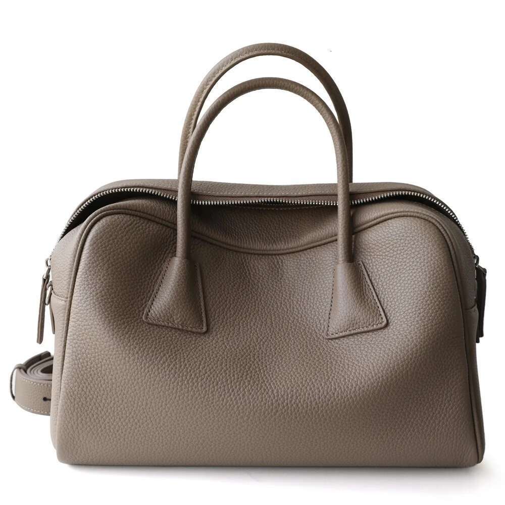 Urious Designer 2 Size Boston Pillow Tote First Layer Cow Leather Women Handbag High-End Commuter Travel Shoulder Bag Grey