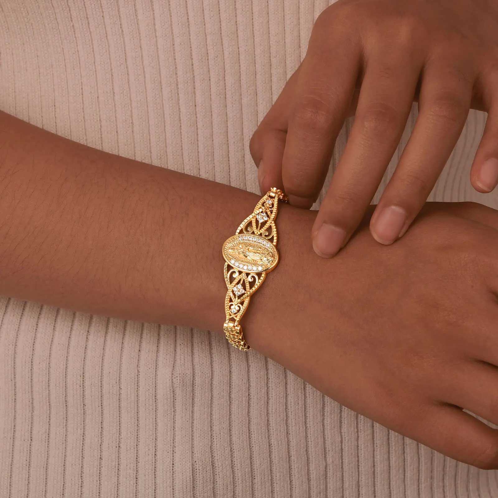 Vnox Catholic Bracelet for Women14k Gold Plated BraceletDainty Cubic Zirconia Religious Baptism Virgin Mary Bracelets GiftsT251110