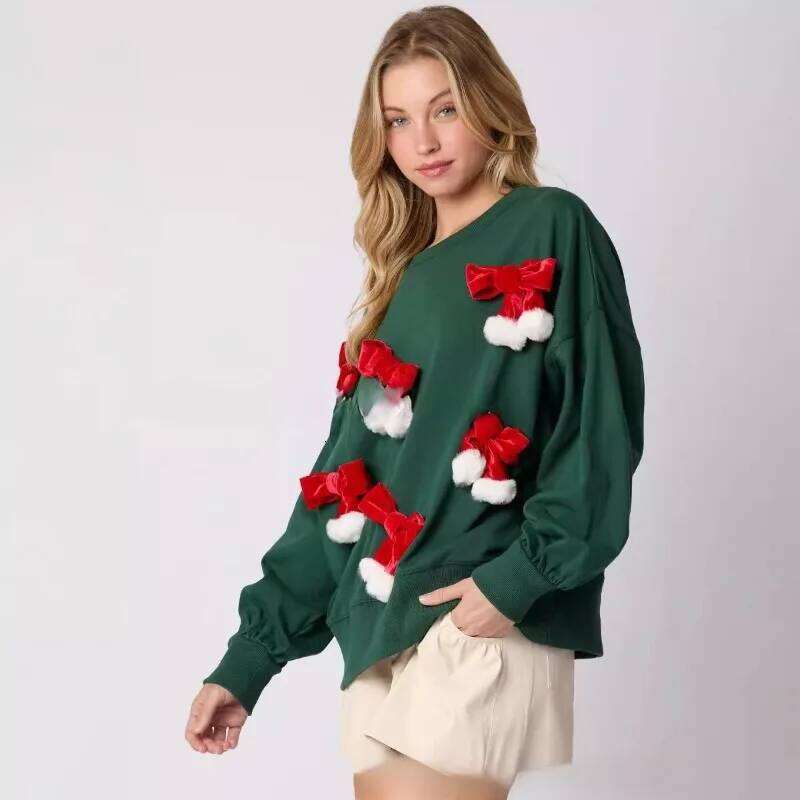 Christmas Bow Decor Long Sleeve Casual Pullover Sweatshirt Fashion Tops Winter Clothes Women Sueter Mujer Designer Sweater Women
