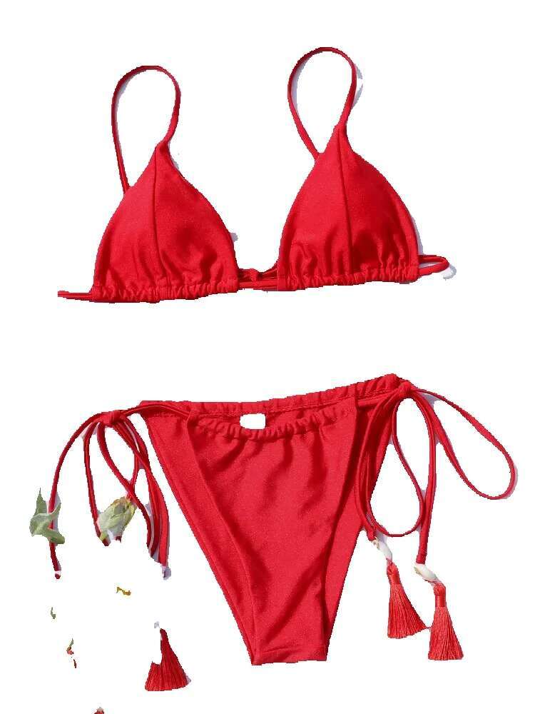 Zrtak thong shell tassel red sexy women's two-piece swimsuit triangle bikini set