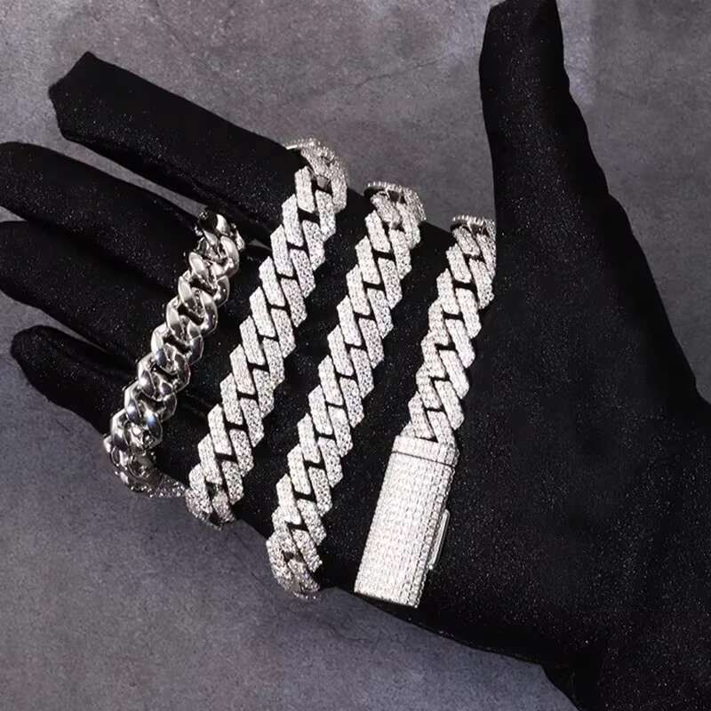 Gems 8mm 10mm 12mm Width 925 Solid Silver Ice Out Moissanite Diamond Cuban Link Chain Necklaces for Hip Hop Jewelry