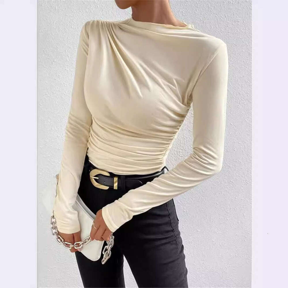 Half High Collar 2024 European and American Solid Color Slim Fit Base Shirt Versatile Ruched Design Long Sleeve T-Shirt Women's Top