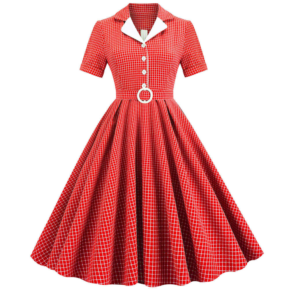 Hepburn style explosive street contrasting suit collar, grid elastic slim fit tie, large swing, medium length retro dress for women, 2025 new style, c