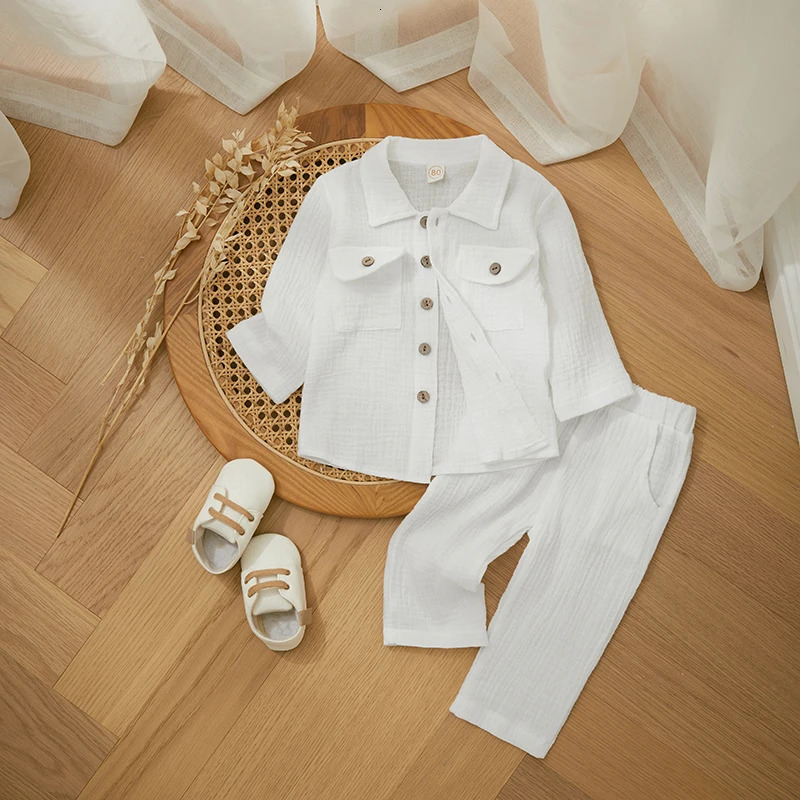 Cotton linen casual baby autumn set long sleeved button down collar shirt top and pants two-piece set for childrens clothing 250409