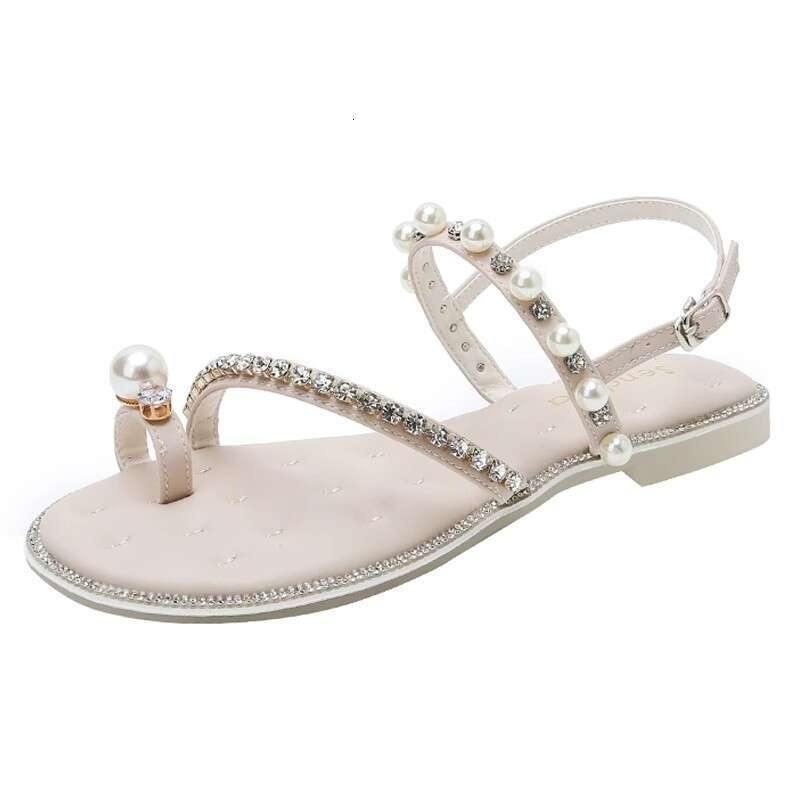 Woman Sandals Fairy Style In Summer New Water Diamond Pearl Toe Sandals Flat Shoes With A Single Strap Roman Sandals For Women