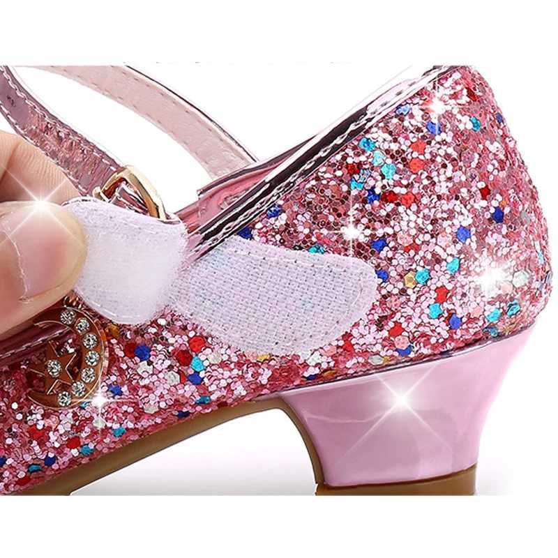 Princess childrens leather shoes girls flower casual flash childrens high heels girls shoes bow blue pink silver Z250410