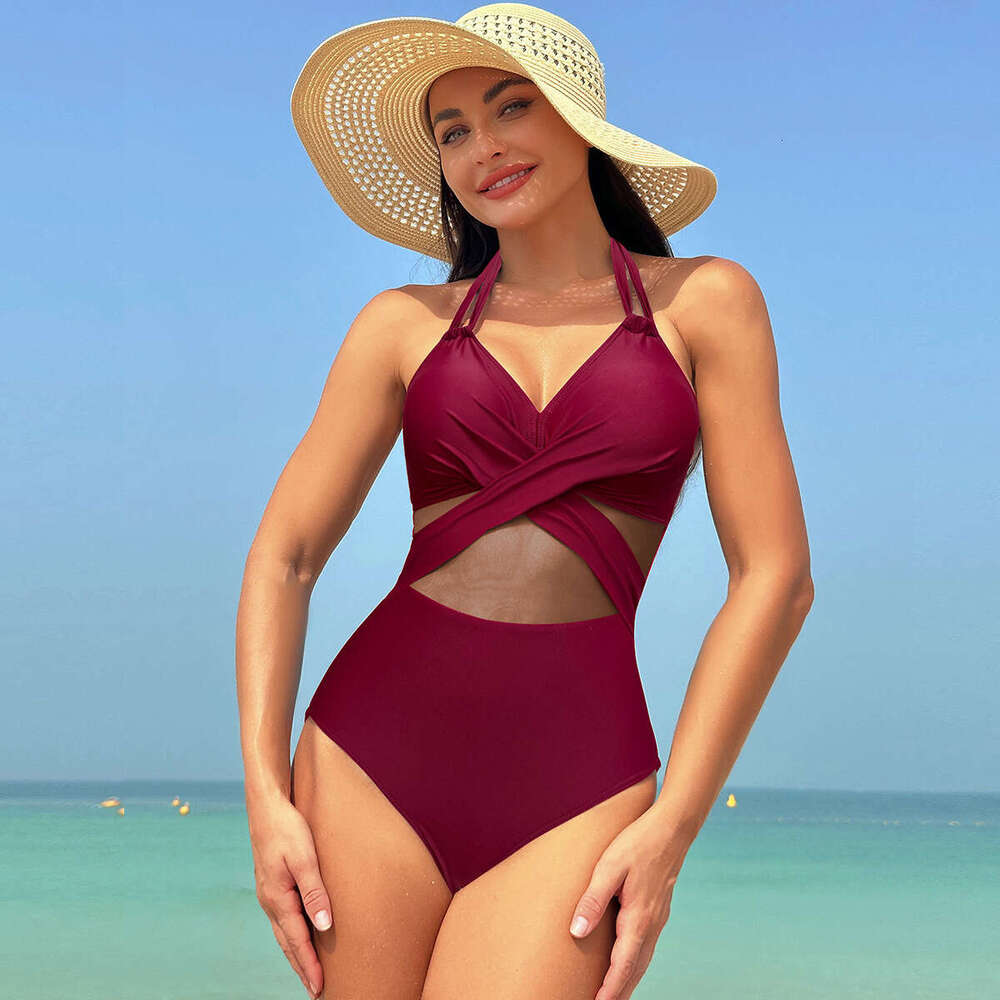 European and American one-piece women's solid color mesh swimsuit bikini wholesale 2025 new style chic elegant clothing