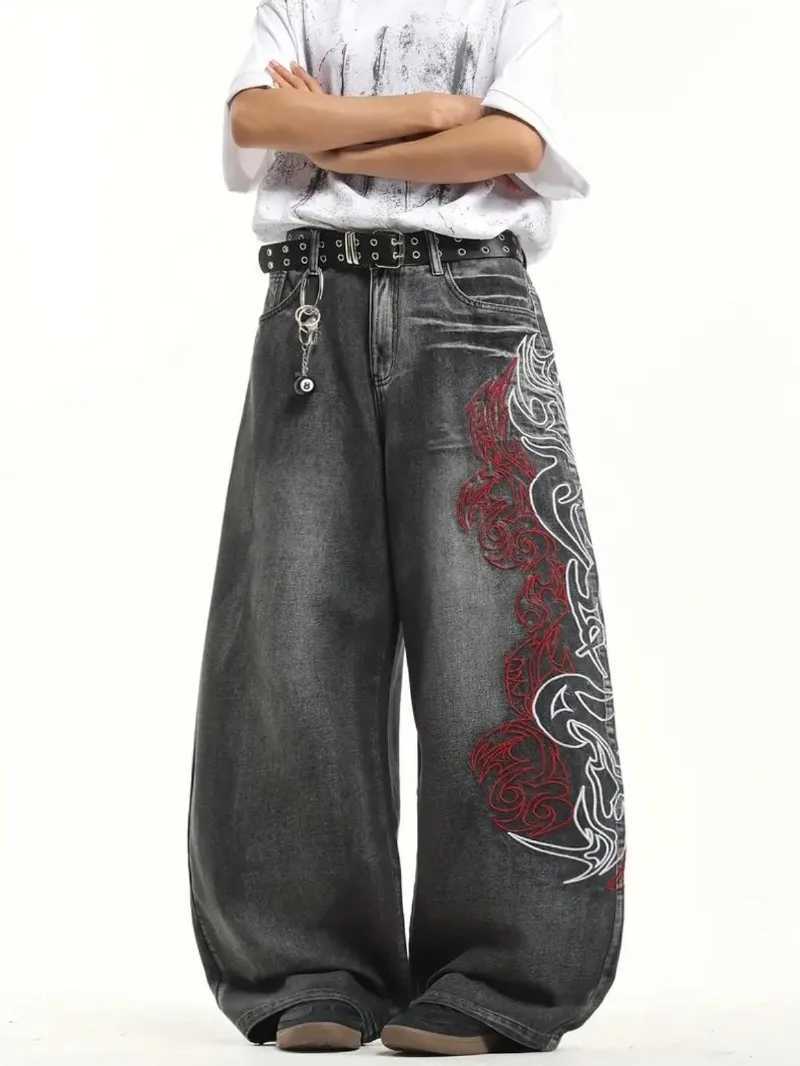 Y2K American New Pattern Embroidery Baggy Jeans Men High Streetwear Vintage Hip Hop Fashion Casual Joker Couple Wide-leg Pants C251110