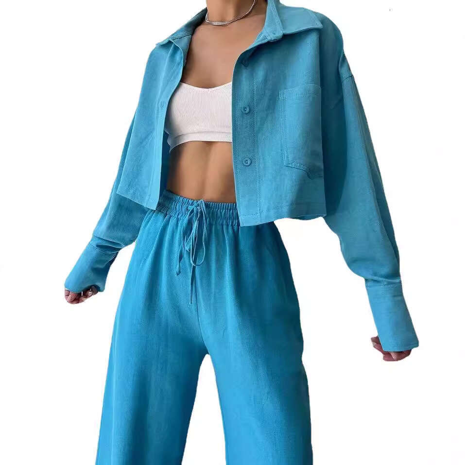 2024 European and American New Solid Color Long Sleeve Short Casual Shirt Drawstring Pants Set