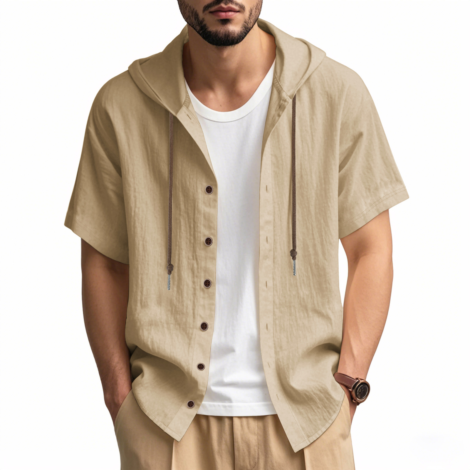 Mens cotton and linen casual short sleeved hooded shirt with fashionable buttons beach T-shirt
