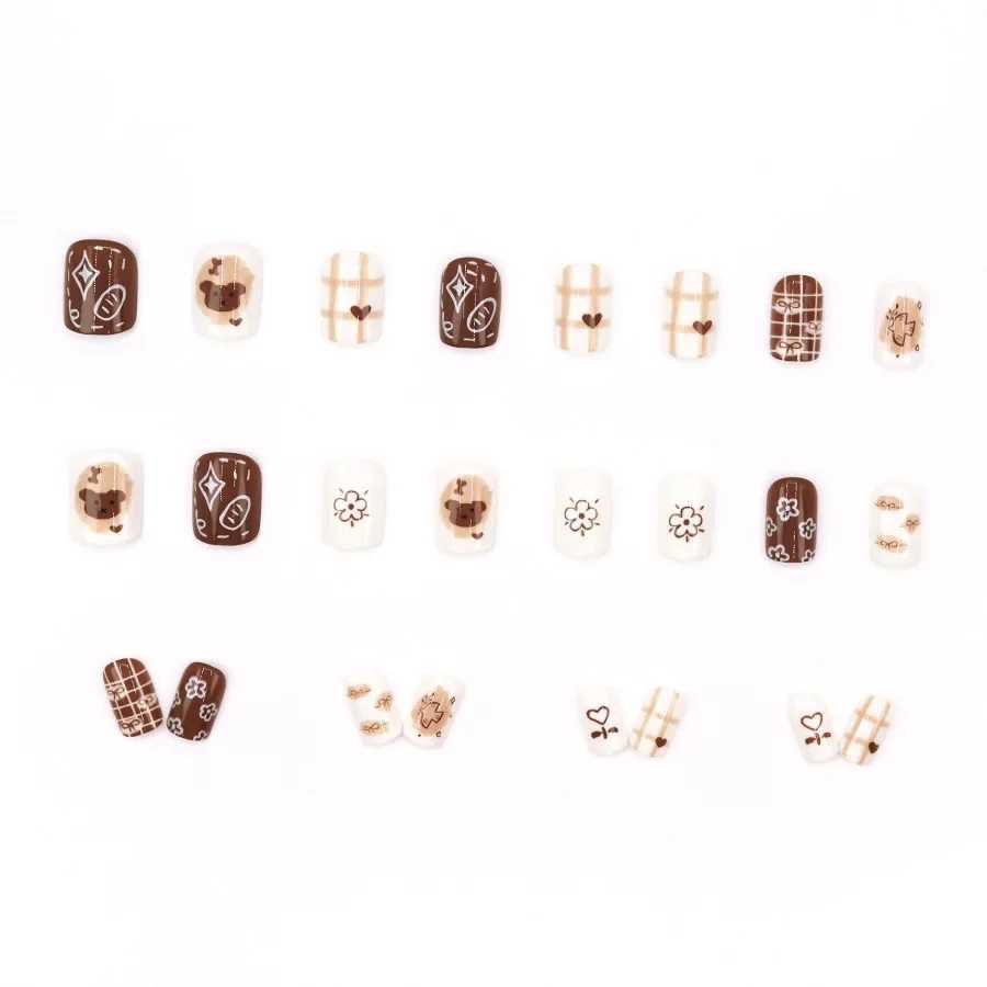 Brown cute bear fake nails with jelly stickers pressed on top of the fake nails wearable round headed oval shaped fully covered nail tips W250410