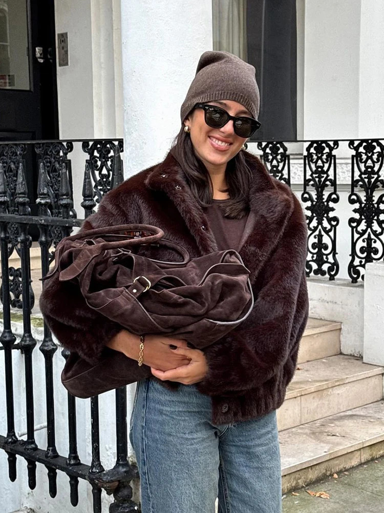 Solid Women Chic Faux Fur Short Jacket Casual Single Breasted Stand Collar Loose Warm Jackets Lady Winter Daily High Street Coat 251110