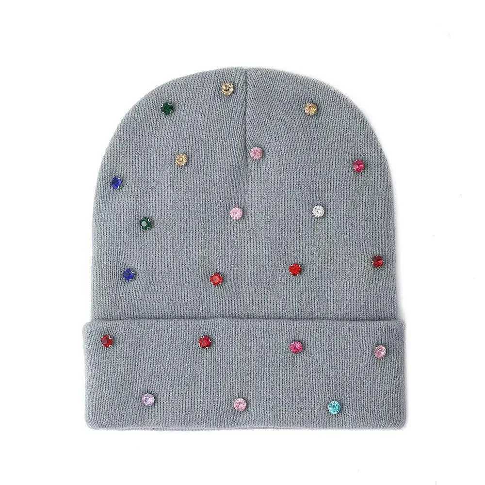 Soft Winter Knit Beanie with Rhinestones Cozy Ladies Slouchy Cap for Fall Winter Street StyleXJ251110