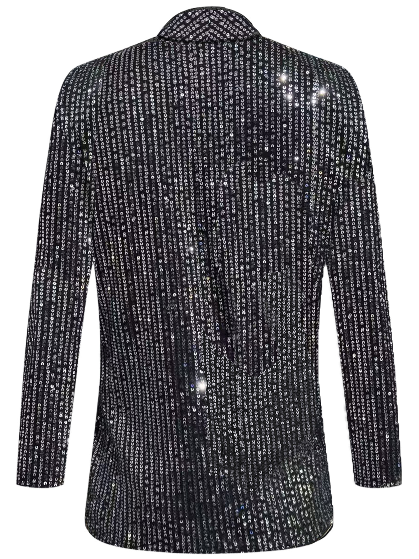 Elegant Womens Designer Fitted Sequin Overcoat - Versatile Black & Shimmering Silvery Outerwear for Any Occasion---D086