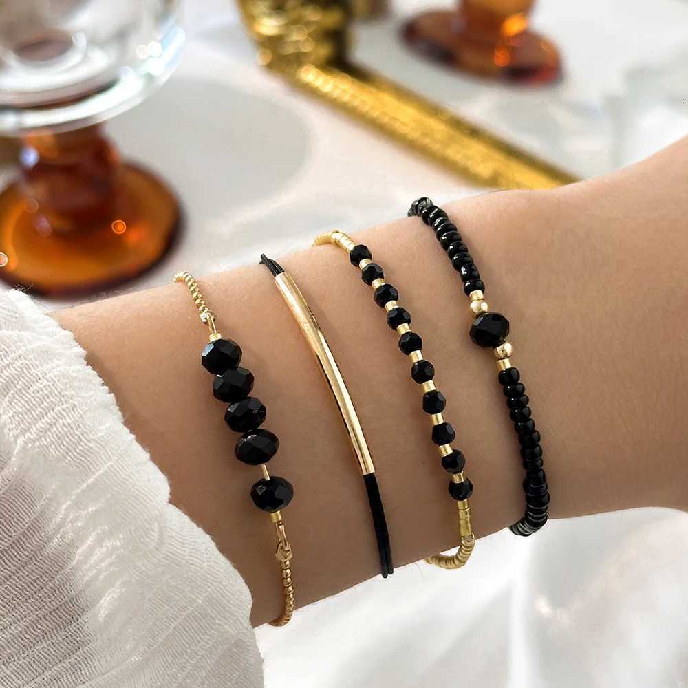 4Pcs/Set A new fashion vintage black crystal hand bracelet with hand-woven beaded simple niche womens braceletT251110