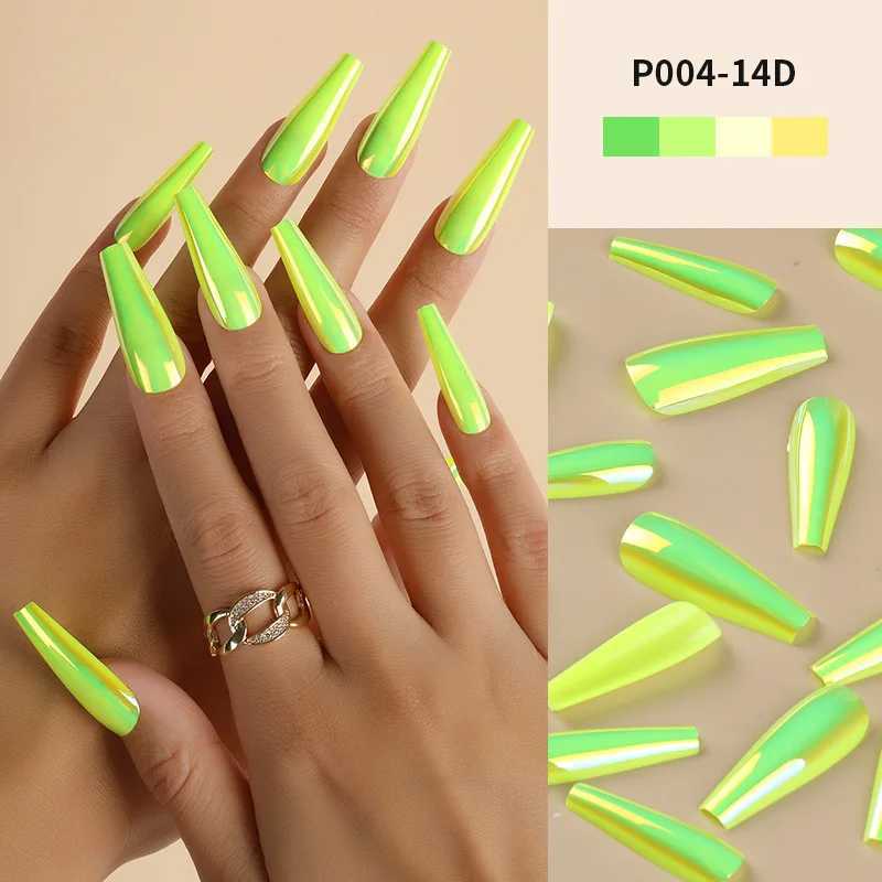 Pinpai 24 piece mirror effect long coffin pressing fake nail set with adhesive full cover artificial fake nail art tip set W250410