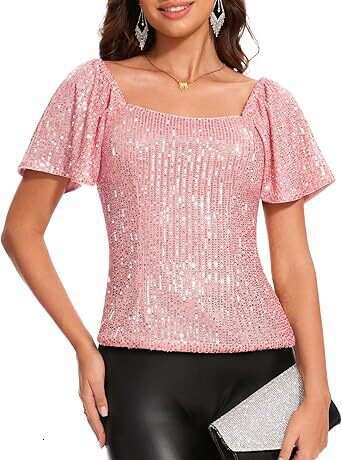 2025 Women's Square Neck Short Sequin Puff Sleeve Fashion Versatile Shirt blouse woman WOMENS PLUS SIZE SHIRTS