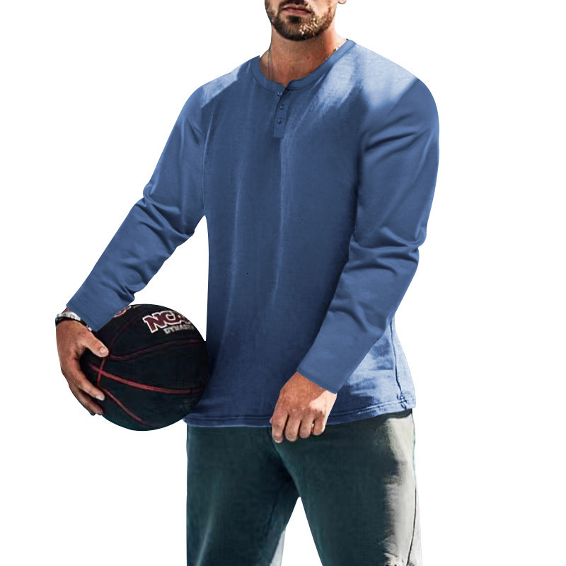 2024 mens spring and autumn round neck long sleeved T-shirt loose fitting pullover casual solid color T-shirt base shirt
