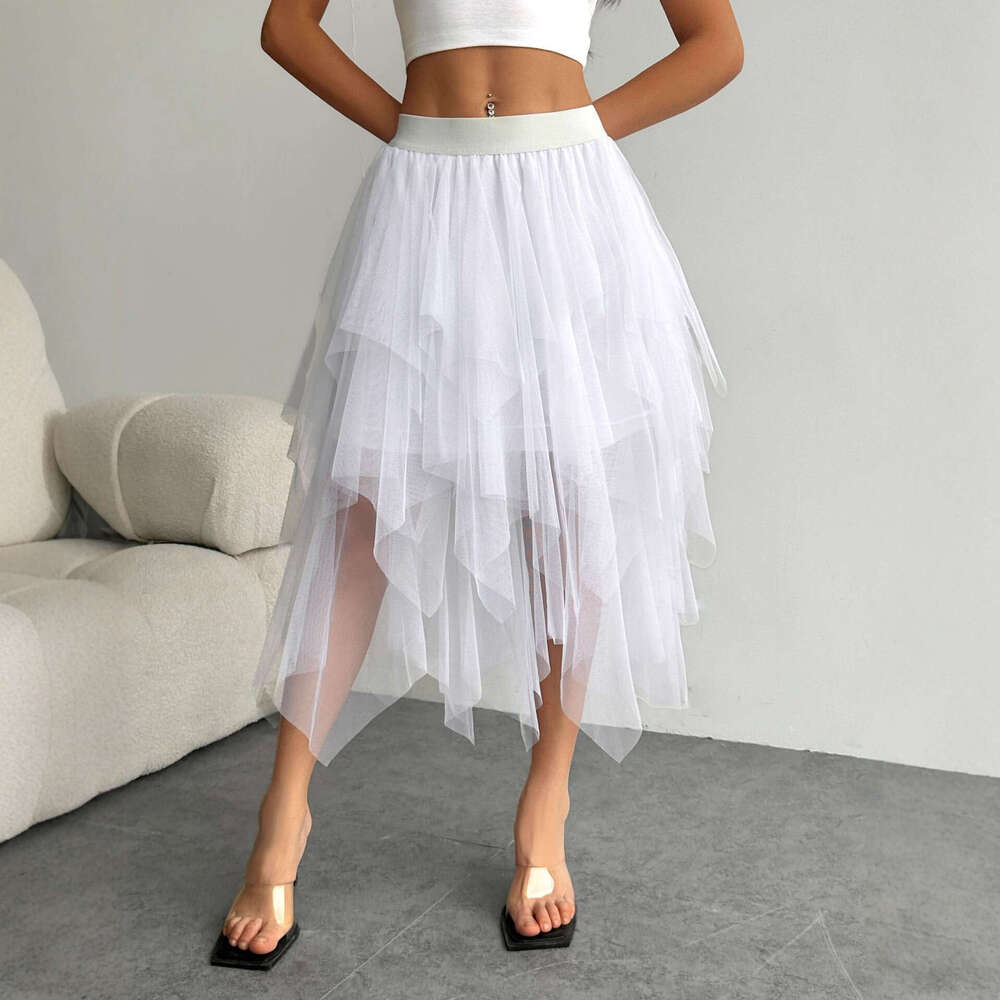 Irregular Mesh Midi for Women, Mid-Length, 2025 Spring New High Waist Versatile Slimming Skirt