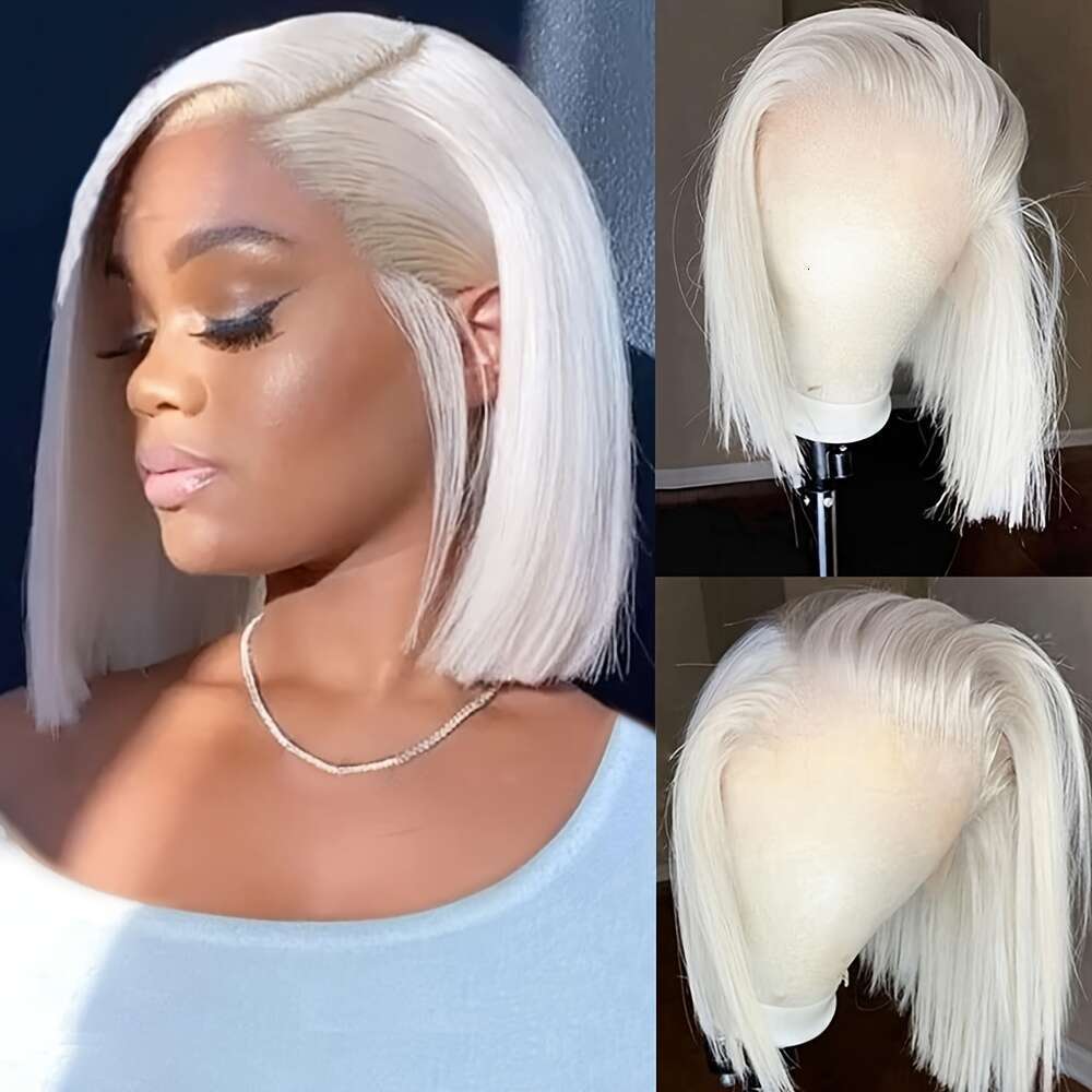 Short Bob White Colored Brazilian Pre Plucked Straight Wig With Natural Hairline Pixie Cut White Golden Blonde Color Transparent Lace Remy Human Hair 
