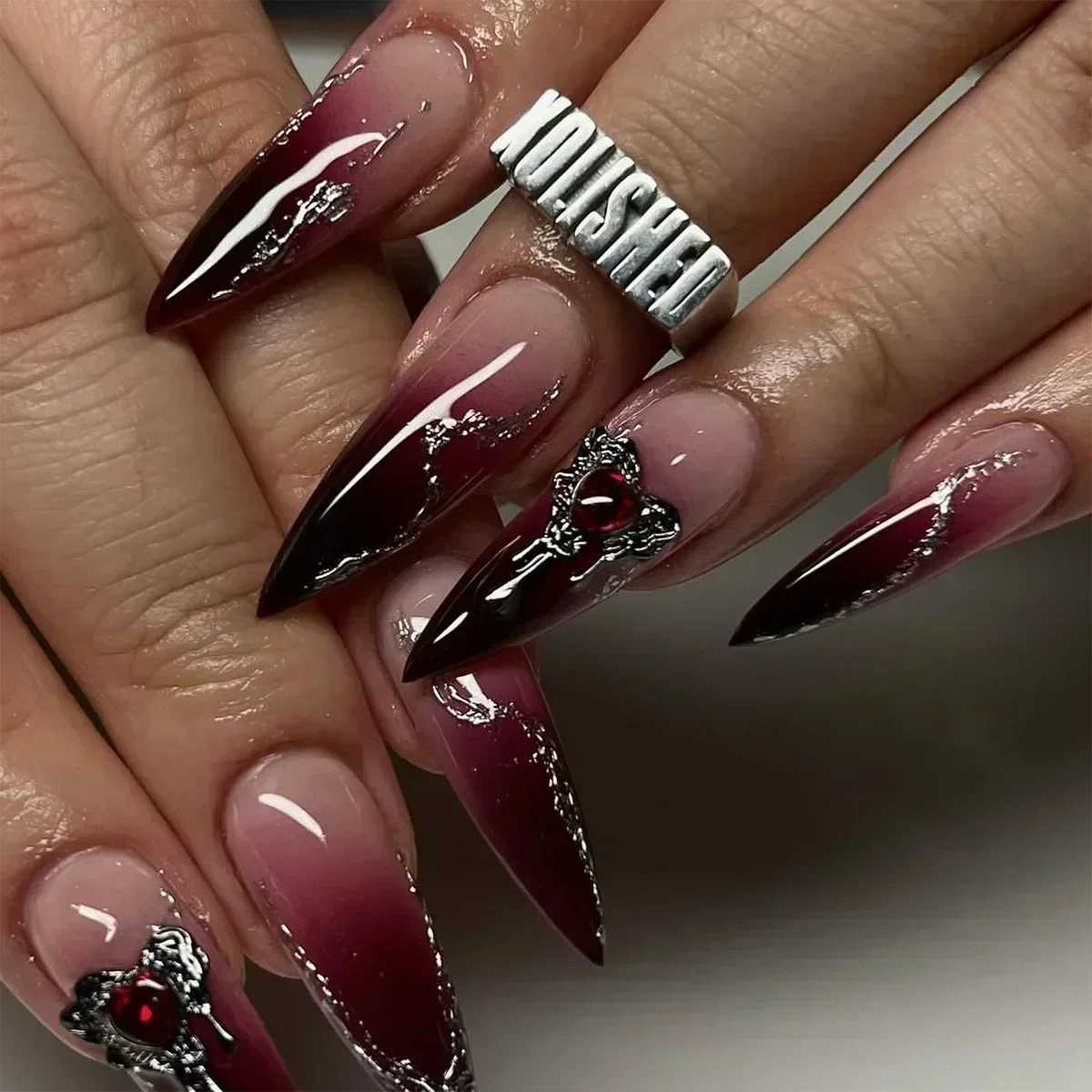 24Pc fake nails with adhesive almond black red gradient design detachable rhinestone acrylic fake nails long and fine lines pressed nails W250410