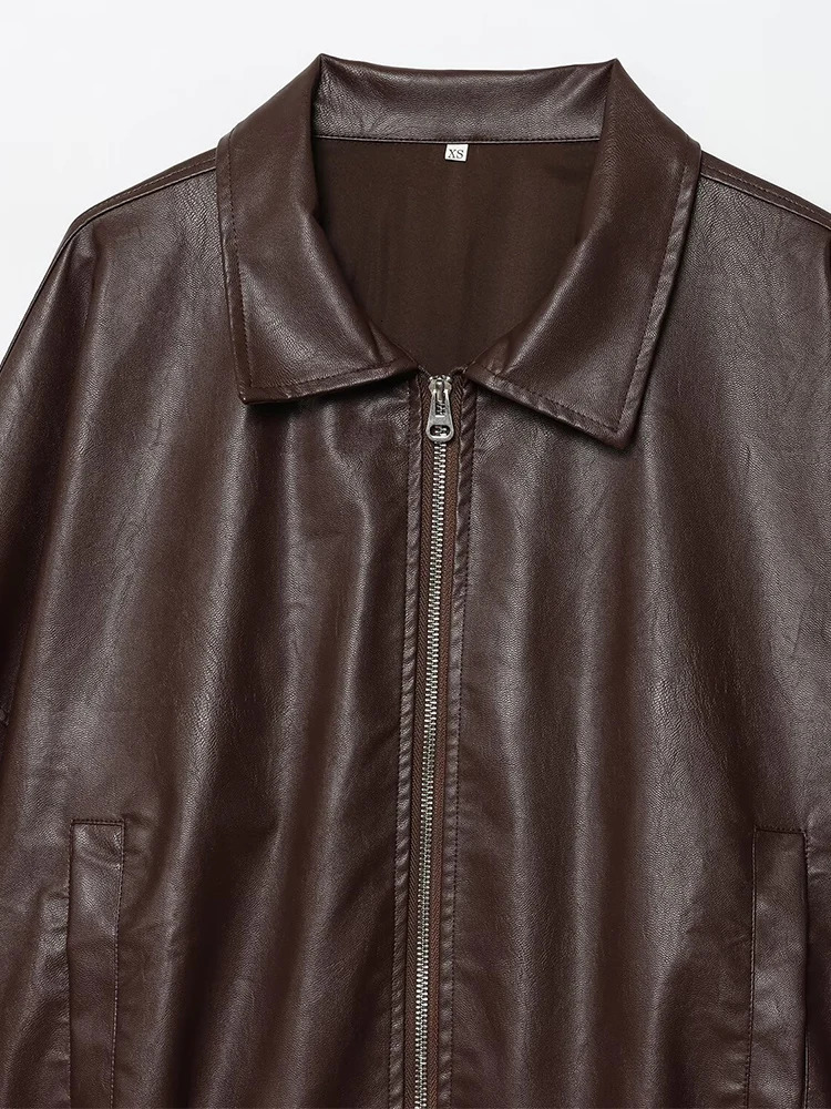 European and American autumn womens retro loose casual temperament simple belt pocket leather jacket 251103