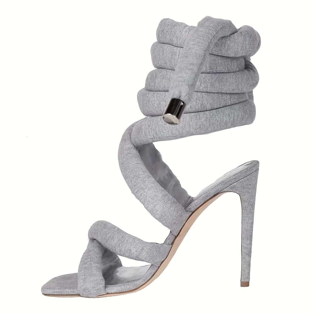 Elegant Sexy Gray Knitted With Adjustable Ankle Tie Rope Straps, Square Toe & Breathable PU Cover - Open-Toe Summer High Women, Perfect For Any Occasi