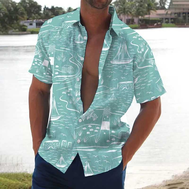 Retro mens coconut tree print short sleeved beach shirt casual mens loose mens Hawaiian shirt 2024 X250410