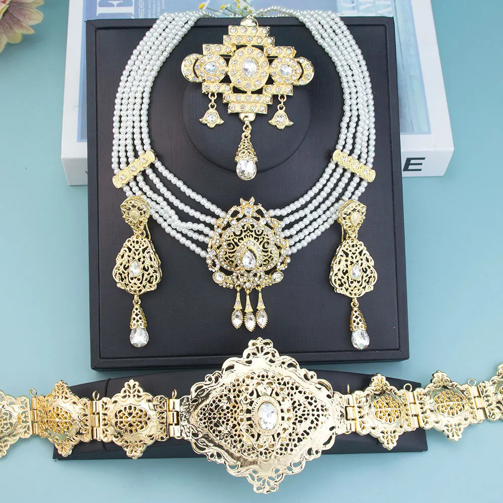 Sunspicems Gold Color Morocco Caftan Belt Waist Chain Women Beads Chain Choker Necklace Long Earring Arab Bridal Wedding Jewelry 250409