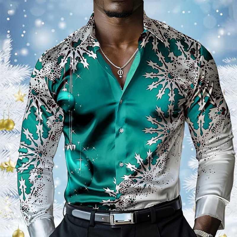 Colorful Snowflake Pattern Hawaiian Shirts For Men Merry Christmas 3D Printed Blouse Casual Loose ha Shirts Long Sves Tops Q251110