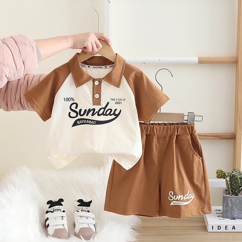 Childrens clothing set baby boys and girls summer letter polo T-shirt 2-piece set cute baby clothing 250409