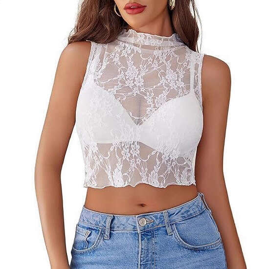 Amazon Cross-Border European and American Style Slim Fit See-Through Lace Pullover Base Shirt Mesh Top