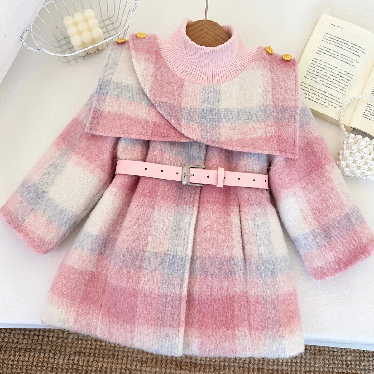 Kids Girls Jacket Coat Outwear Sweet Thicken Winter Woolen Coat for Girls Outdoor Overcoat Childrens Year Clothes With Belt 251103